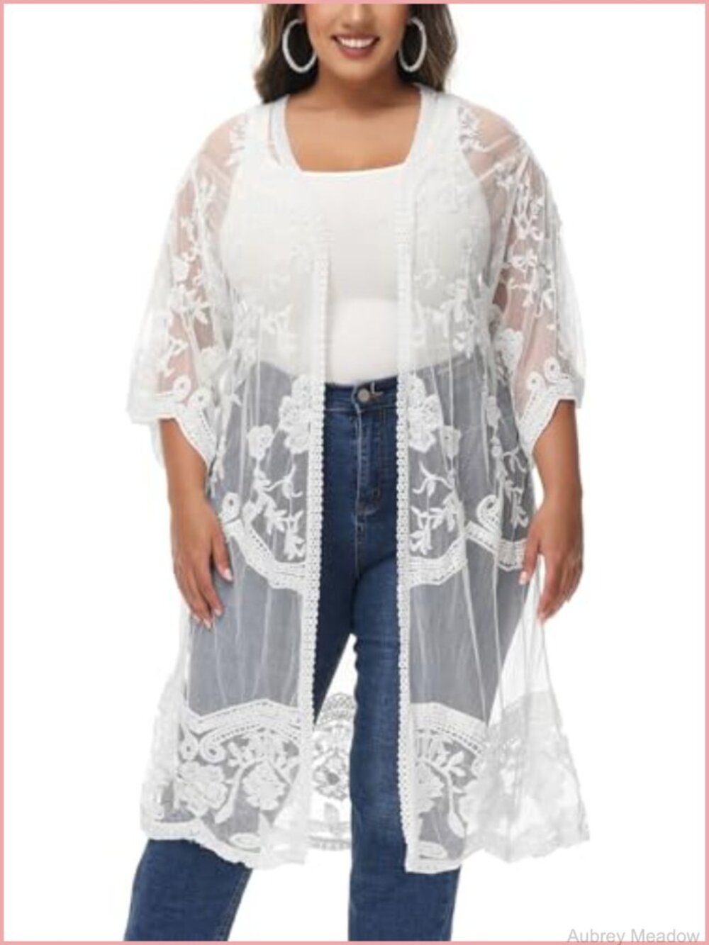 Plus Size Lace Kimono Cardigan Embroidered Duster Half Sleeve Beach Coverup